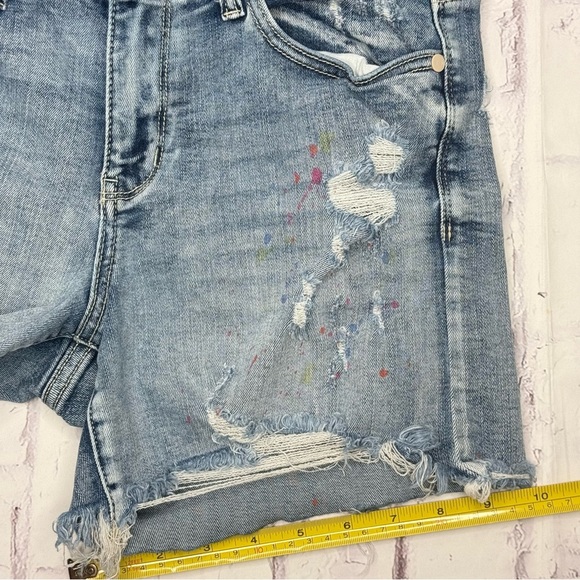 Judy Blue Mid Rise Rainbow Paint Splash Cut Off Denim Shorts Sz S Distressed - Picture 6 of 9